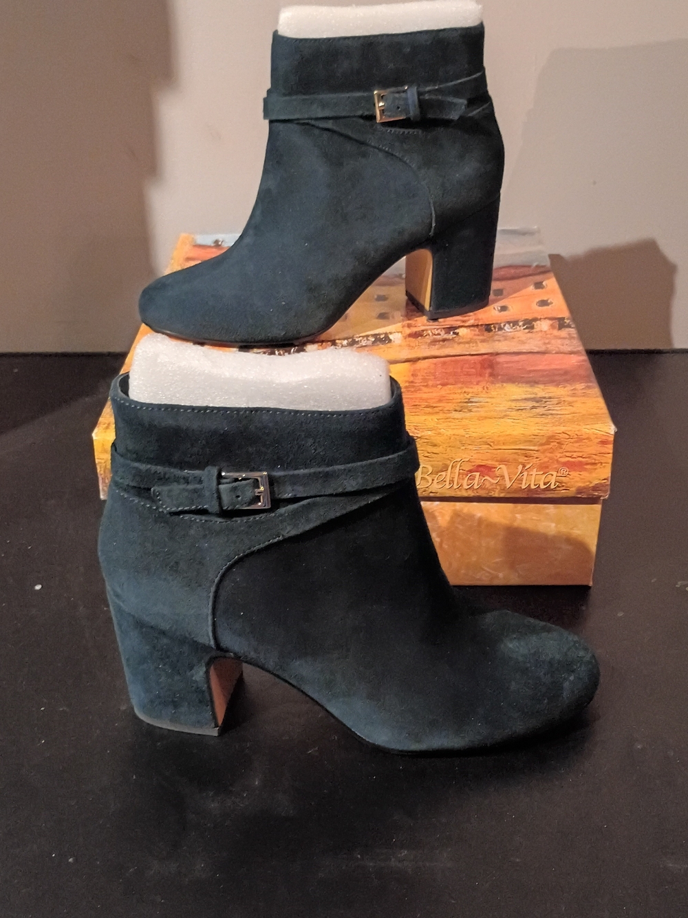 Bella Vita Dark Green Suede Ankle Boots with Block Heel